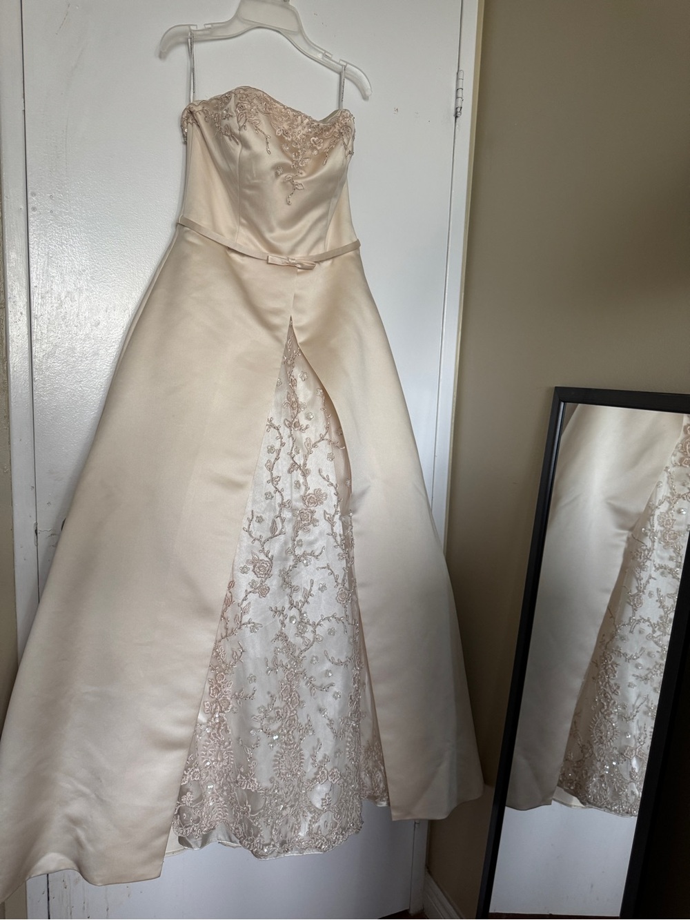 Mon Cheri Ivory and Champagne Strapless A-Line Wedding Dress